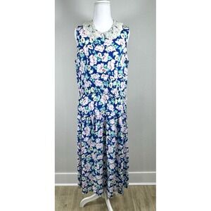 Jane Singer Floral Midi Dress 14 Vintage USA Rayon Lace Collar Button Front